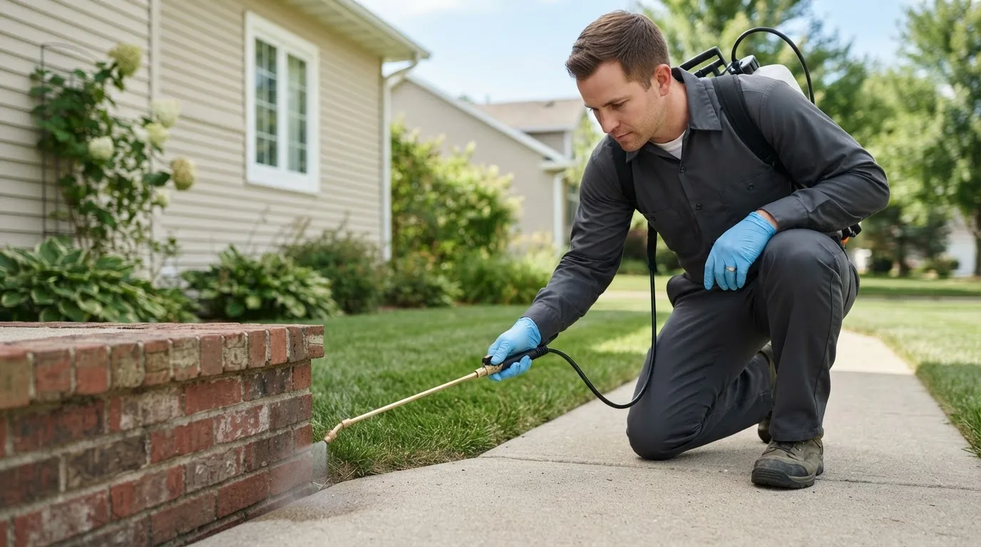 Pest control technician treating a home near Brookfield, OH