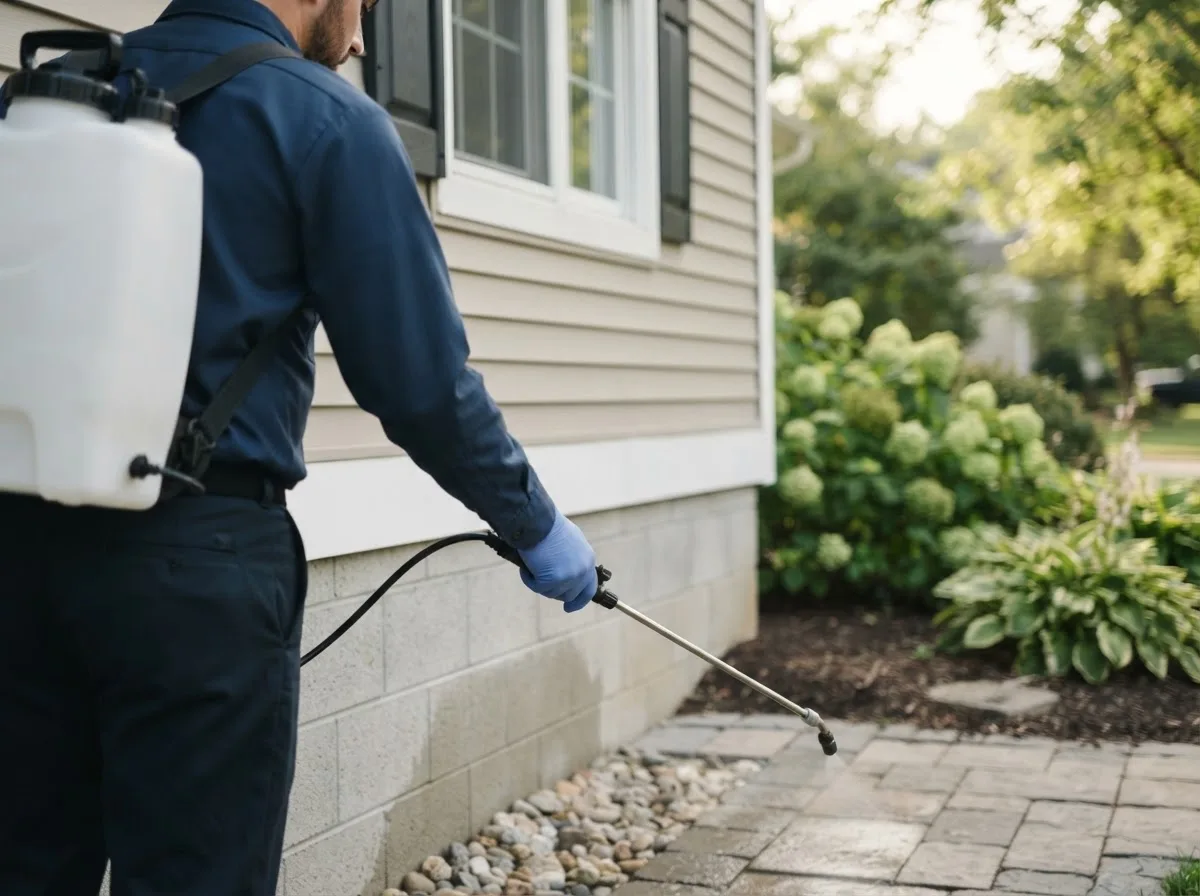 Pest control technician inspecting a home in Brookfield, OH